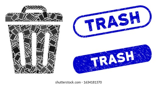 Mosaic trash can and corroded stamp seals with Trash phrase. Mosaic vector trash can is composed with randomized rectangles. Trash stamp seals use blue color, and have round rectangle shape.