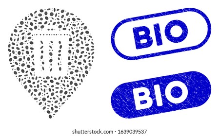 Mosaic trash can marker and grunge stamp seals with Bio phrase. Mosaic vector trash can marker is created with random elliptic dots. Bio stamp seals use blue color, and have round rectangle shape.