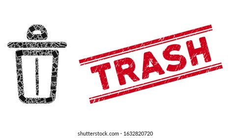 Mosaic trash pictogram and red Trash rubber print between double parallel lines. Flat vector trash mosaic pictogram of randomized rotated rectangular elements.