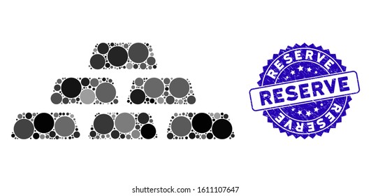 Mosaic treasure bricks icon and rubber stamp seal with Reserve phrase. Mosaic vector is formed from treasure bricks icon and with scattered round spots. Reserve stamp seal uses blue color,