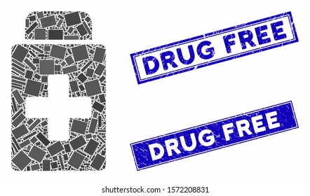 Mosaic treatment vial pictogram and rectangle Drug Free seal stamps. Flat vector treatment vial mosaic pictogram of randomized rotated rectangle elements.