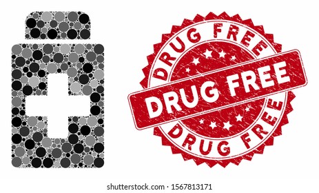 Mosaic treatment vial and rubber stamp watermark with Drug Free text. Mosaic vector is designed with treatment vial icon and with randomized circle spots. Drug Free stamp uses red color,