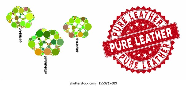 Mosaic tree garden and rubber stamp watermark with Pure Leather caption. Mosaic vector is composed with tree garden icon and with scattered circle items. Pure Leather stamp uses red color,