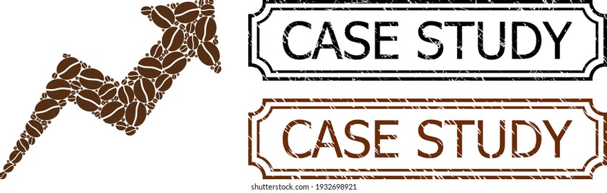 Mosaic trend designed from coffee seeds, and grunge Case Study rectangle seals with notches. Vector coffee items are arranged into abstract mosaic trend icon with brown color.