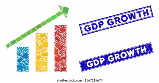 Mosaic trend icon and rectangular rubber prints. Flat vector trend mosaic icon of scattered rotated rectangular items. Blue caption rubber stamps with rubber texture.