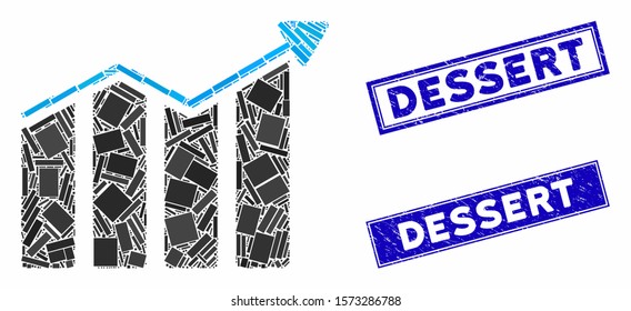 Mosaic trend pictogram and rectangle Dessert rubber prints. Flat vector trend mosaic pictogram of randomized rotated rectangle elements. Blue Dessert rubber stamps with dirty texture.