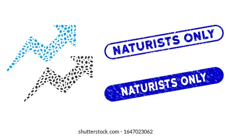Mosaic trends arrows and grunge stamp watermarks with Naturists Only caption. Mosaic vector trends arrows is created with random oval dots. Naturists Only stamp seals use blue color,