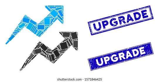 Mosaic trends arrows pictogram and rectangle Upgrade rubber prints. Flat vector trends arrows mosaic icon of scattered rotated rectangle elements. Blue Upgrade rubber seals with distress surface.