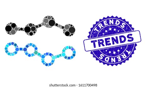 Mosaic trends icon and grunge stamp seal with Trends text. Mosaic vector is formed with trends icon and with random spheric spots. Trends stamp uses blue color, and scratched texture.
