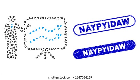 Mosaic trends lecture and corroded stamp seals with Naypyidaw phrase. Mosaic vector trends lecture is formed with scattered oval pieces. Naypyidaw stamp seals use blue color,