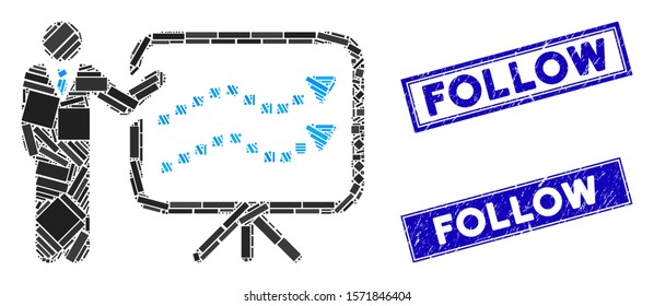 Mosaic trends lecture pictogram and rectangle Follow stamps. Flat vector trends lecture mosaic pictogram of randomized rotated rectangle items. Blue Follow rubber stamps with distress surface.