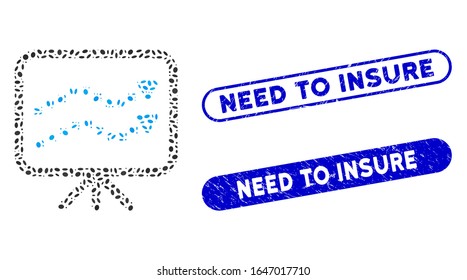 Mosaic trends presentation and corroded stamp seals with Need to Insure phrase. Mosaic vector trends presentation is created with scattered ellipse items. Need to Insure stamp seals use blue color,