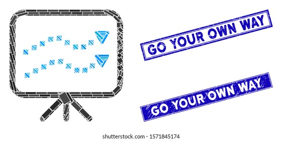 Mosaic trends presentation pictogram and rectangle Go Your Own Way seals. Flat vector trends presentation mosaic pictogram of scattered rotated rectangle elements.