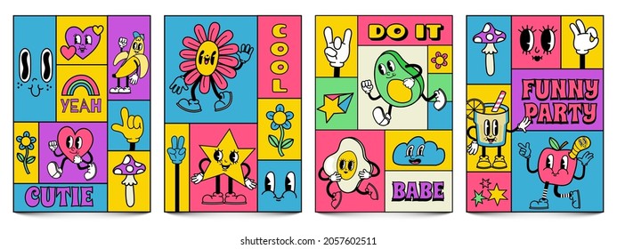 Mosaic trendy posters with funny crazy cartoon characters. Complementary doodle covers with retro comic faces and hands in gloves vector set. Retro flowers, stars and lemonade with facial expressions