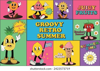 Mosaic trendy posters with funny summer groovy characters. Cartoon funny retro characters square cards on psychedelic poster, trippy groovy flower bright crazy abstract art 70s  heart star vector
