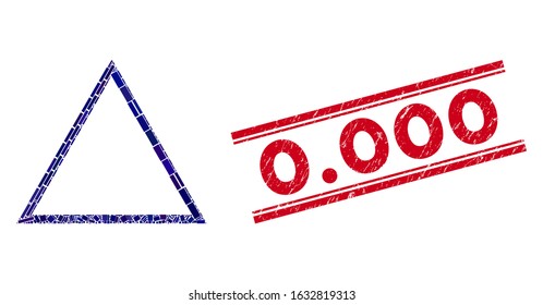 Mosaic triangle frame pictogram and red 0.000 seal stamp between double parallel lines. Flat vector triangle frame mosaic icon of randomized rotated rectangle elements. Red 0.
