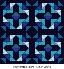 Mosaic of triangles. Blue. Seamless pattern. Geometry. Design with manual hatching. Textile. Ethnic boho ornament. Vector illustration for web design or print.