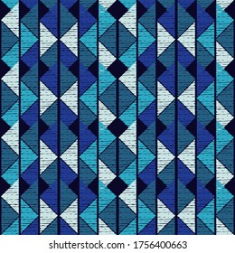 Mosaic of triangles. Blue. Seamless pattern. Geometry. Design with manual hatching. Textile. Ethnic boho ornament. Vector illustration for web design or print.