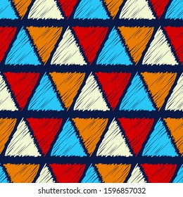 Mosaic of triangles. Ethnic boho seamless background. Tribal pattern. Folk motif. Vector illustration for web design or print.
