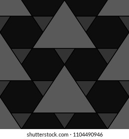 Mosaic. Triangles, hexagons ornament. Flooring background. Ethnic tiles motif. Geometric grate wallpaper. Parquet backdrop. Geometry digital paper, web design, textile print. Seamless abstract pattern
