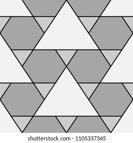 Mosaic. Triangles, hexagons ornament. Flooring background. Ethnic tiles motif. Geometric grate wallpaper. Parquet backdrop. Geometry digital paper, web design, textile print. Seamless abstract pattern