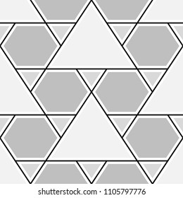 Mosaic. Triangles, hexagons ornament. Flooring background. Ethnic tiles motif. Geometric grate wallpaper. Parquet backdrop. Geometry digital paper, web design, textile print. Seamless abstract pattern