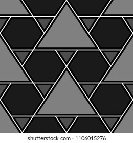 Mosaic. Triangles, hexagons ornament. Flooring background. Ethnic tiles motif. Geometric grate wallpaper. Parquet backdrop. Geometry digital paper, web design, textile print. Seamless abstract pattern