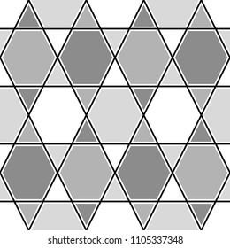 Mosaic. Triangles, hexagons ornament. Grid background. Ethnic tiles motif. Geometric grate wallpaper. Parquet backdrop. Digital paper, page fills, web design, textile print. Seamless vector pattern.