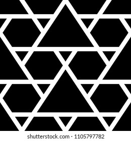 Mosaic. Triangles, hexagons ornament. Grid background. Ethnic tiles motif. Geometric grate wallpaper. Parquet backdrop. Digital paper, page fills, web design, textile print. Seamless abstract pattern.