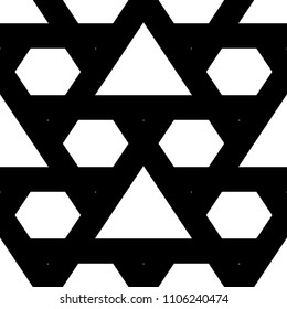 Mosaic. Triangles, hexagons ornament. Grid background. Ethnic tiles motif. Geometric grate wallpaper. Parquet backdrop. Digital paper, page fills, web design, textile print. Seamless abstract pattern.