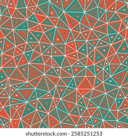 Mosaic triangles shapes background. Compact shape size. Multiple repeated inner triangles. Multicolored style. Repeatable pattern. Creative vector tiles. Seamless vector illustration.