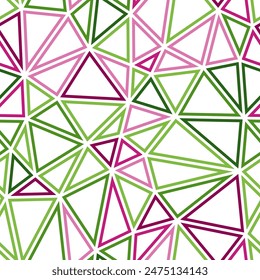 Mosaic triangles shapes background. Medium triangle size. Multiple colors style. Geometric shapes outlined. Repeatable pattern. Vibrant earth tones. Creative vector tiles.