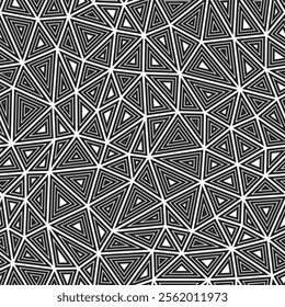 Mosaic triangles shapes background. Medium shape size. Multiple repeated inner triangles. Black and white style. Repeatable pattern. Creative vector tiles. Seamless vector illustration.