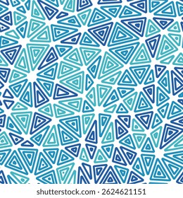 Mosaic triangles shapes background. Multiple repeated inner triangles. Medium shape size. Multiple colors style. Seamless pattern. Creative vector tiles. Beautiful vector illustration.