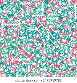 Mosaic triangles shapes background. Rounded solid shapes in frames. Compact triangles size. Multiple colors style. Repeatable pattern. Elegant vector tiles. Seamless vector illustration.