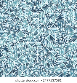 Mosaic triangles shapes background. Small triangles size. Solid shapes in frames. Monotone style. Repeatable pattern. Creative vector tiles. Ocean Blue Palette.