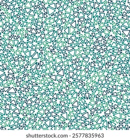 Mosaic triangles shapes background. Tiny triangles size. Multiple colors style. Rounded triangular cells outlined. Repeatable pattern. Aqua Ocean Depths. Elegant vector tiles.