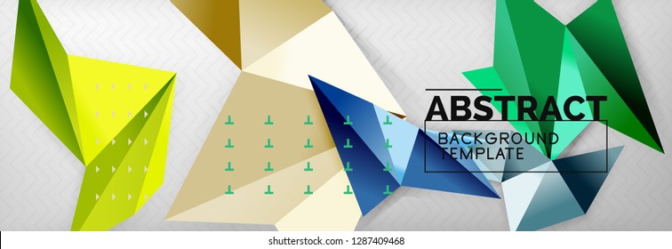 Mosaic triangular 3d shapes composition, geometric modern background. Triangles and polygons design. Vector bright poster