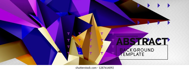 Mosaic triangular 3d shapes composition, geometric modern background. Triangles and polygons design. Vector bright poster