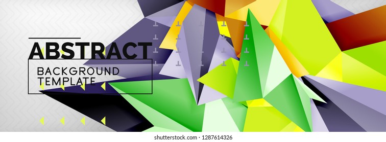 Mosaic triangular 3d shapes composition, geometric modern background. Triangles and polygons design. Vector bright poster