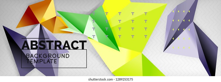 Mosaic triangular 3d shapes composition, geometric modern background. Triangles and polygons design. Vector bright poster