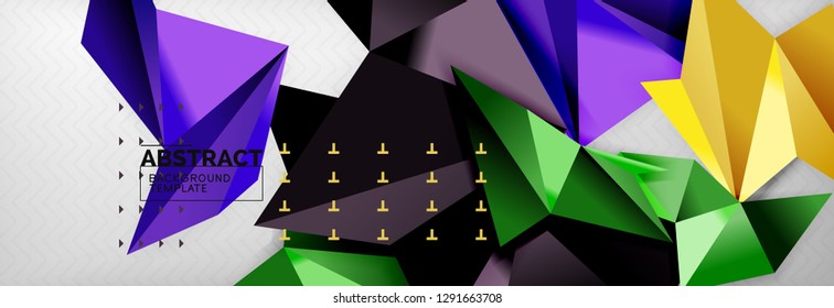Mosaic triangular 3d shapes composition, geometric modern background. Triangles and polygons design. Vector bright poster