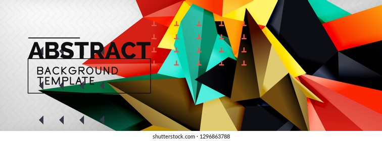 Mosaic triangular 3d shapes composition, geometric modern background. Triangles and polygons design. Vector bright poster
