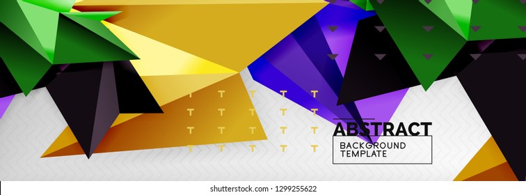 Mosaic triangular 3d shapes composition, geometric modern background. Triangles and polygons design. Vector bright poster