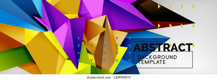 Mosaic triangular 3d shapes composition, geometric modern background. Triangles and polygons design. Vector bright poster
