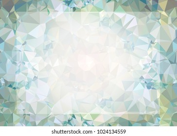 Mosaic triangular horizontal  background with blurred white blank space for text. Vector clip art.