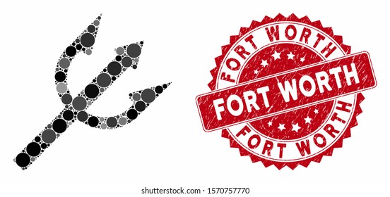 Mosaic trident fork and grunge stamp seal with Fort Worth caption. Mosaic vector is created with trident fork icon and with randomized circle spots. Fort Worth stamp seal uses red color,