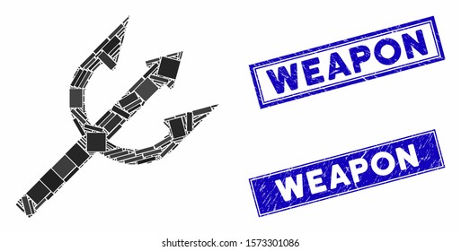 Mosaic trident fork icon and rectangle Weapon rubber prints. Flat vector trident fork mosaic pictogram of random rotated rectangle items. Blue Weapon rubber seals with dirty texture.