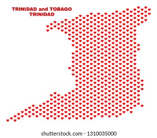 Mosaic Trinidad Island map of valentine hearts in red color isolated on a white background. Regular red heart pattern in shape of Trinidad Island map. Abstract design for Valentine illustrations.