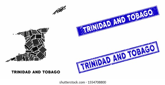 Mosaic Trinidad and Tobago map and rectangle stamps. Flat vector Trinidad and Tobago map mosaic of randomized rotated rectangle items. Blue caption seal stamps with distress surface.